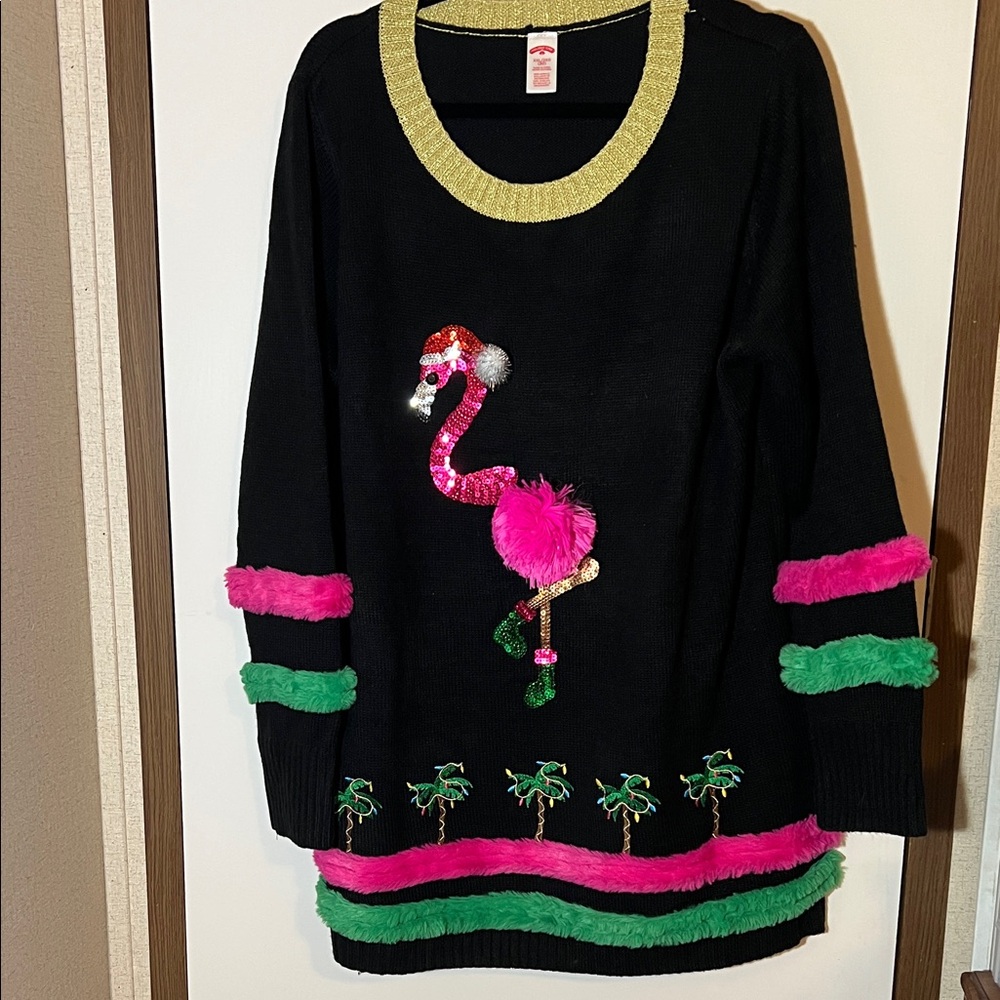 Holiday Time Black Sweater with Pink Flamingo and Green Accents